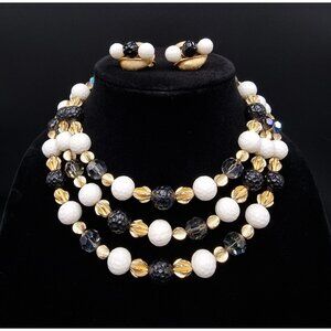 Vintage PUCCINI Signed 1960s-70s Gold Black & White Beaded Necklace & Clip-On Ea